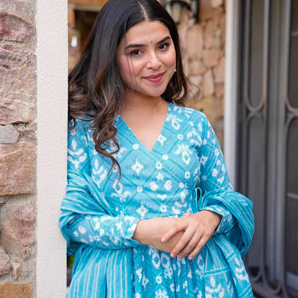 Sonakshi Women's Bright Blue Maslin Digital Print Full Round Flair Anarkali Gown Set With Dupatta