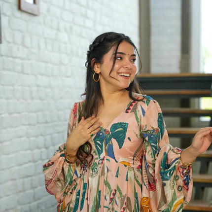 Sonakshi Women's Peach Air tex Chinon Digital Print Full Round Flair Anarkali Gown Set