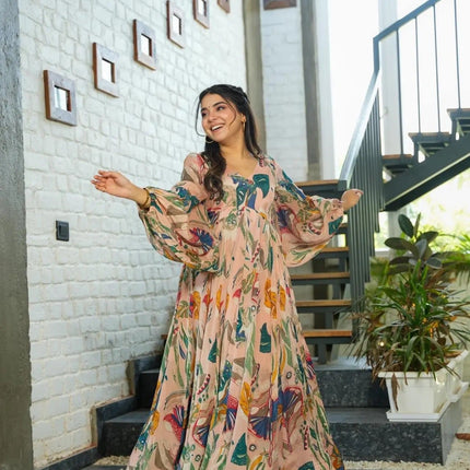 Sonakshi Women's Peach Air tex Chinon Digital Print Full Round Flair Anarkali Gown Set