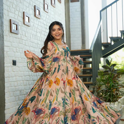 Sonakshi Women's Peach Air tex Chinon Digital Print Full Round Flair Anarkali Gown Set