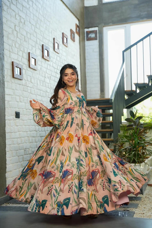 Sonakshi Women's Peach Air tex Chinon Digital Print Full Round Flair Anarkali Gown Set