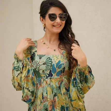 Sonakshi Women's Pista Air tex Chinon Digital Print Full Round Flair Anarkali Gown Set