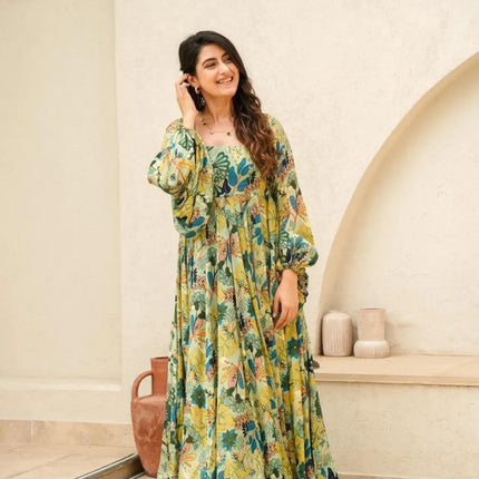 Sonakshi Women's Pista Air tex Chinon Digital Print Full Round Flair Anarkali Gown Set