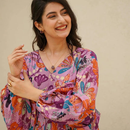 Sonakshi Women's Pink Air tex Chinon Digital Print Full Round Flair Anarkali Gown Set