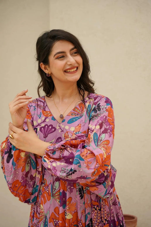 Sonakshi Women's Pink Air tex Chinon Digital Print Full Round Flair Anarkali Gown Set