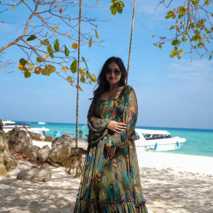 Sonakshi Women's Green Air tex Chinon Digital Print Full Round Flair Anarkali Gown Set