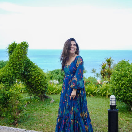 Sonakshi Women's Peacock Air tex Chinon Digital Print Full Round Flair Anarkali Gown Set