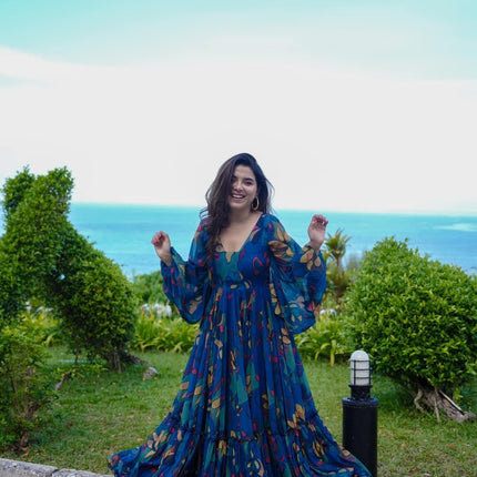 Sonakshi Women's Peacock Air tex Chinon Digital Print Full Round Flair Anarkali Gown Set