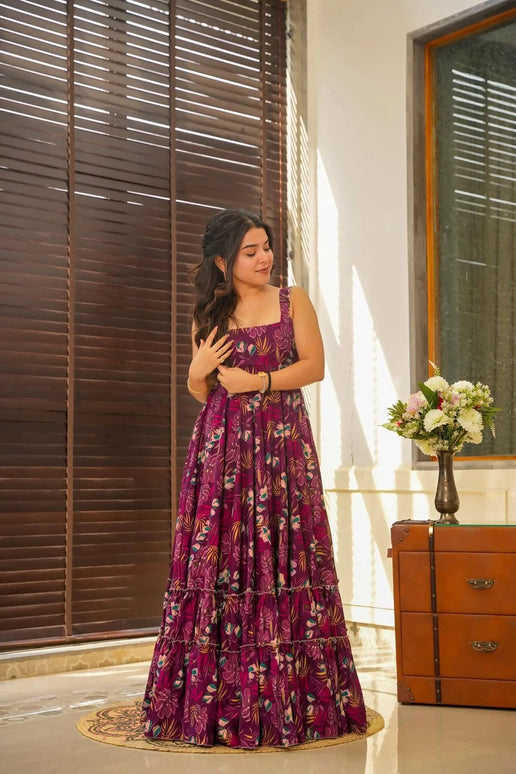 Sonakshi Women's Purple Heavy Rayon Digital Print Full Round Flair Anarkali Gown Set