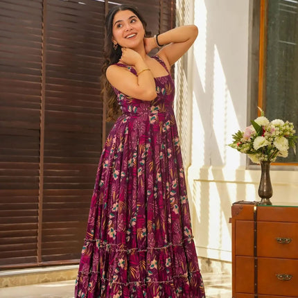 Sonakshi Women's Purple Heavy Rayon Digital Print Full Round Flair Anarkali Gown Set