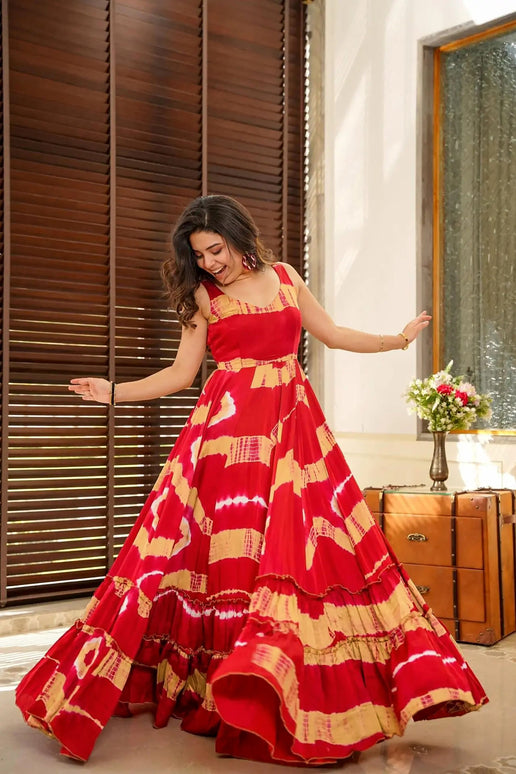 Sonakshi Women's Red Heavy Rayon Digital Print Full Round Flair Anarkali Gown Set