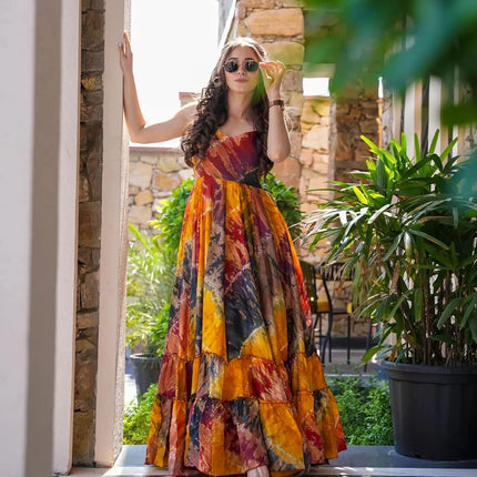 Sonakshi Women's Multycolor Heavy Rayon Digital Print Full Round Flair Anarkali Gown Set