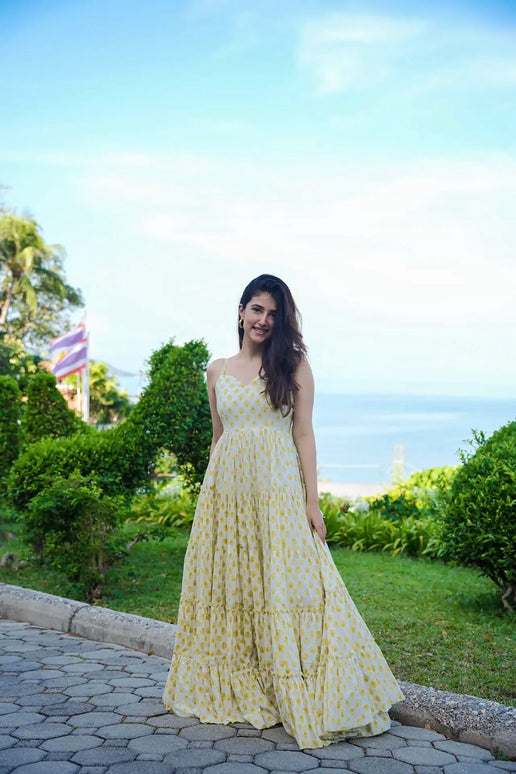 Sonakshi Women's Yellow Heavy Rayon Digital Print Full Round Flair Anarkali Gown Set