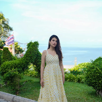 Sonakshi Women's Yellow Heavy Rayon Digital Print Full Round Flair Anarkali Gown Set