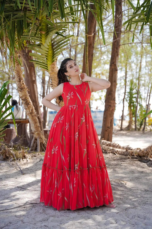 Sonakshi Women's Ranipink Faux Georgette Digital Print Full Round Flair Anarkali Gown Set