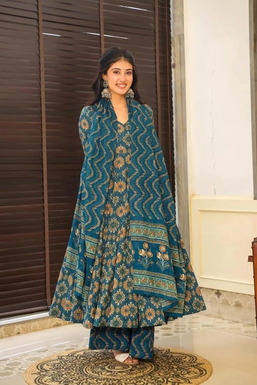 Sonakshi Women's Teal Maslin Digital Print Full Round Flair Anarkali Gown Set With Dupatta