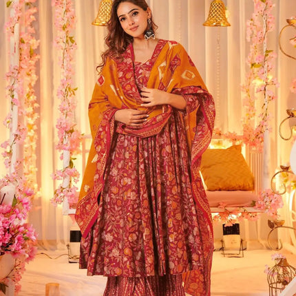 Sonakshi Women's Peach Maslin Digital Print Full Round Flair Anarkali Gown Set With Dupatta