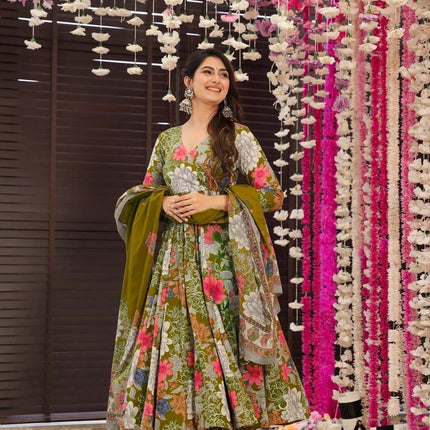 Sonakshi Women's Multycolor Maslin Digital Print Full Round Flair Anarkali Gown Set With Dupatta