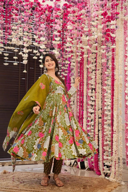 Sonakshi Women's Multycolor Maslin Digital Print Full Round Flair Anarkali Gown Set With Dupatta