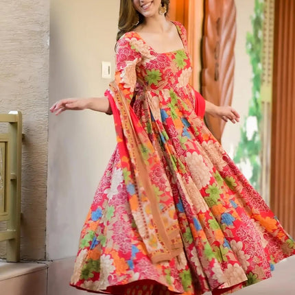 Sonakshi Women's Multycolor Maslin Digital Print Full Round Flair Anarkali Gown Set With Dupatta