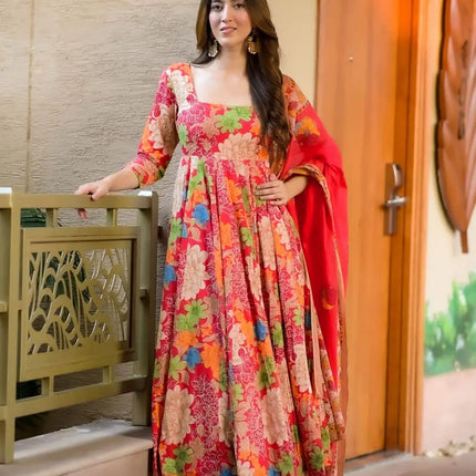 Sonakshi Women's Multycolor Maslin Digital Print Full Round Flair Anarkali Gown Set With Dupatta