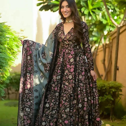 Sonakshi Women's Black Maslin Digital Print Full Round Flair Anarkali Gown Set With Dupatta