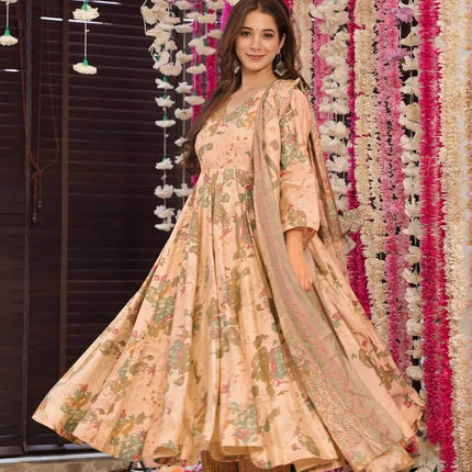 Sonakshi Women's Peach Maslin Digital Print Full Round Flair Anarkali Gown Set With Dupatta