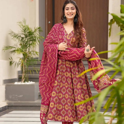 Sonakshi Women's Maharani Maslin Digital Print Full Round Flair Anarkali Gown Set With Dupatta