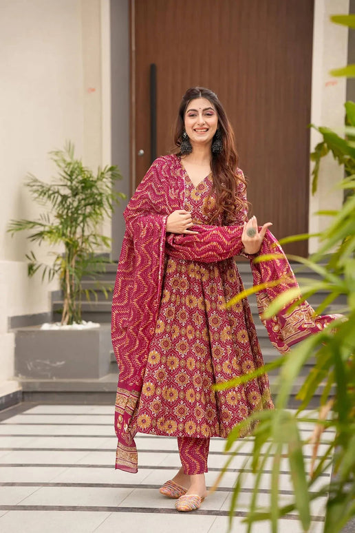 Sonakshi Women's Maharani Maslin Digital Print Full Round Flair Anarkali Gown Set With Dupatta