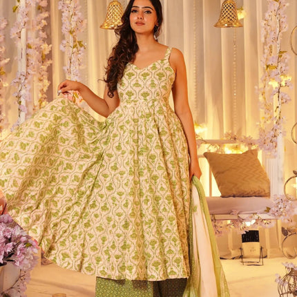 Sonakshi Women's Green Maslin Digital Print Full Round Flair Anarkali Gown Set With Dupatta