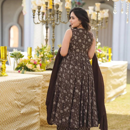 Sonakshi Women's Coffie Maslin Digital Print Full Round Flair Anarkali Gown Set With Dupatta