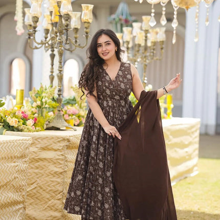 Sonakshi Women's Coffie Maslin Digital Print Full Round Flair Anarkali Gown Set With Dupatta