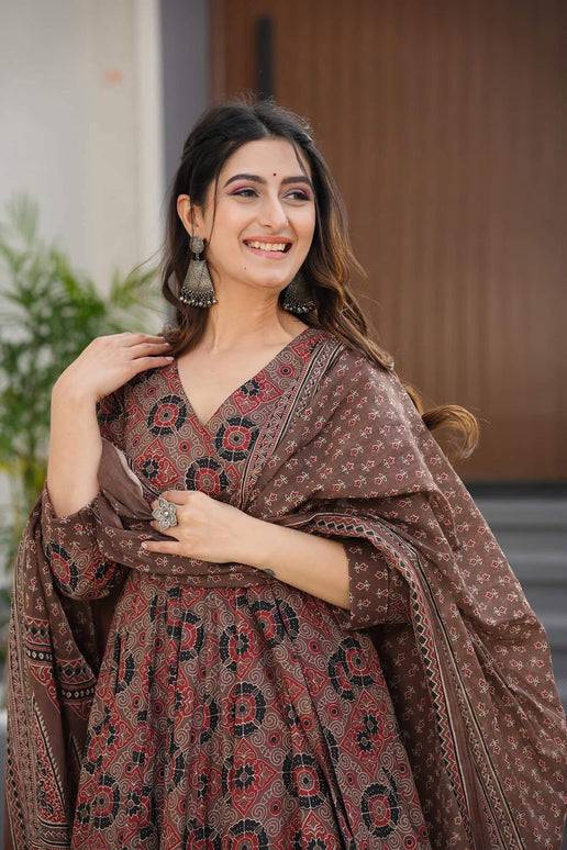 Sonakshi Women's Coffie Maslin Digital Print Full Round Flair Anarkali Gown Set With Dupatta