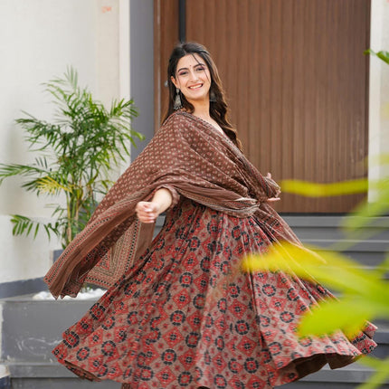 Sonakshi Women's Coffie Maslin Digital Print Full Round Flair Anarkali Gown Set With Dupatta