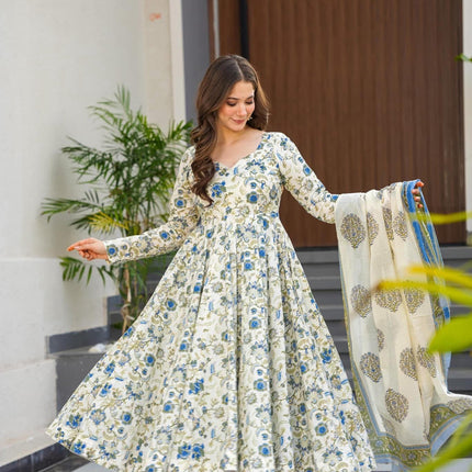 Sonakshi Women's Offwhite Maslin Digital Print Full Round Flair Anarkali Gown Set With Dupatta