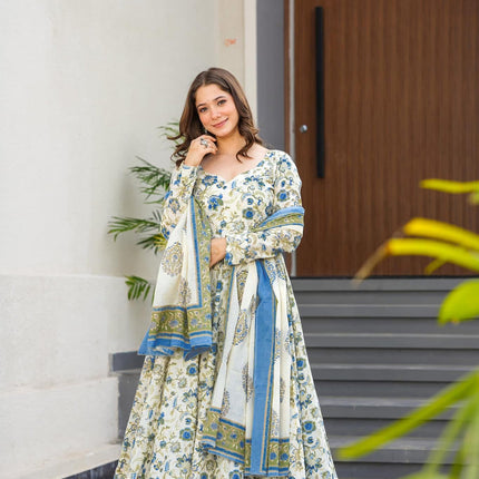 Sonakshi Women's Offwhite Maslin Digital Print Full Round Flair Anarkali Gown Set With Dupatta