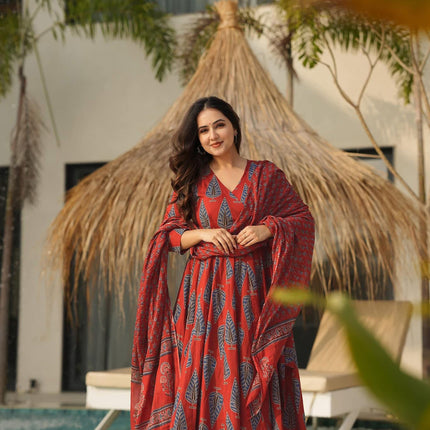 Sonakshi Women's Marron Maslin Digital Print Full Round Flair Anarkali Gown Set With Dupatta