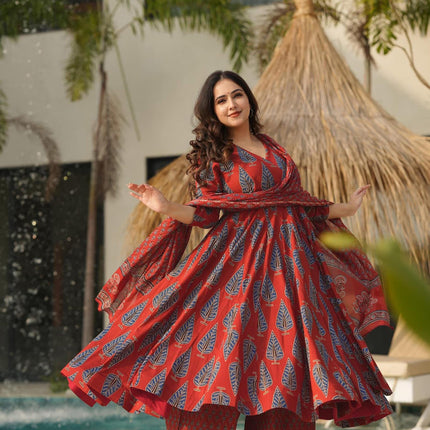 Sonakshi Women's Marron Maslin Digital Print Full Round Flair Anarkali Gown Set With Dupatta