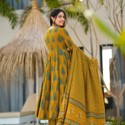 Sonakshi Women's Yellow Maslin Digital Print Full Round Flair Anarkali Gown Set With Dupatta