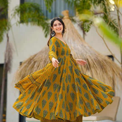 Sonakshi Women's Yellow Maslin Digital Print Full Round Flair Anarkali Gown Set With Dupatta