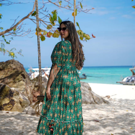 Sonakshi Women's Green Rayon Digital Print Full Round Flair Anarkali Gown Set