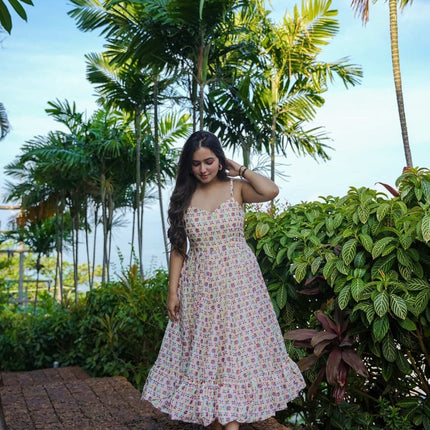 Sonakshi Women's Cream Rayon Digital Print Full Round Flair Anarkali Gown Set