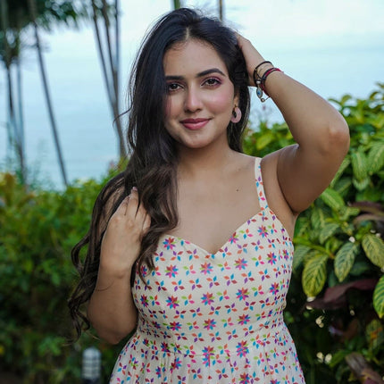 Sonakshi Women's Cream Rayon Digital Print Full Round Flair Anarkali Gown Set