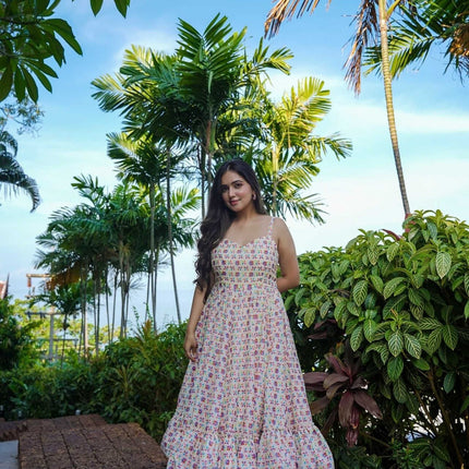 Sonakshi Women's Cream Rayon Digital Print Full Round Flair Anarkali Gown Set