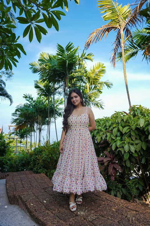 Sonakshi Women's Cream Rayon Digital Print Full Round Flair Anarkali Gown Set