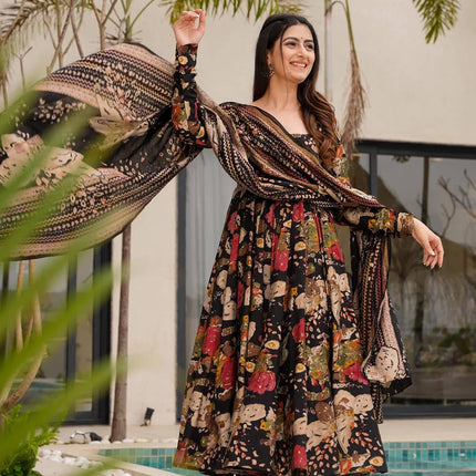 Sonakshi Women's Black Mal cottan Digital Print Full Round Flair Anarkali Gown Set With Dupatta