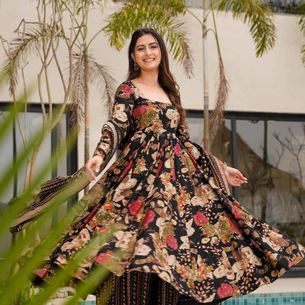 Sonakshi Women's Black Mal cottan Digital Print Full Round Flair Anarkali Gown Set With Dupatta