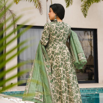 Sonakshi Women's Green Mal cottan Digital Print Full Round Flair Anarkali Gown Set With Dupatta