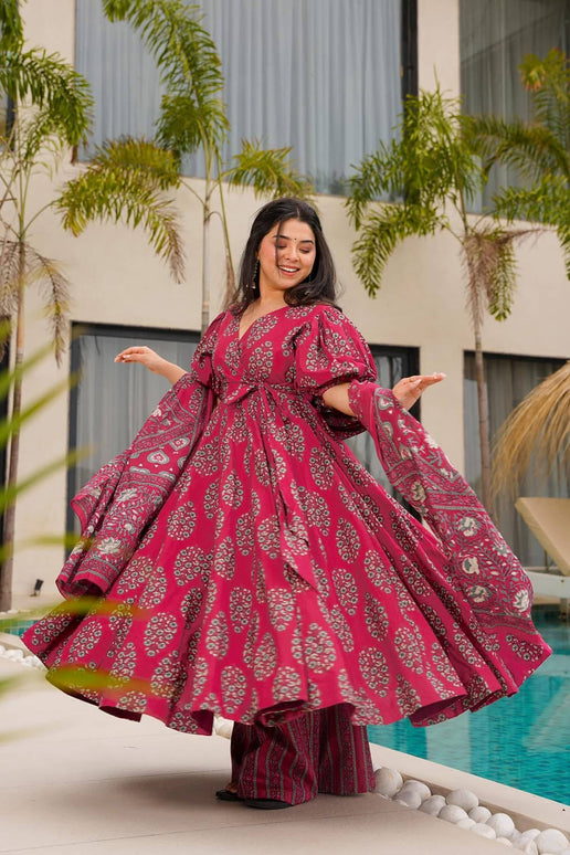 Sonakshi Women's Maharani Mal cottan Digital Print Full Round Flair Anarkali Gown Set With Dupatta