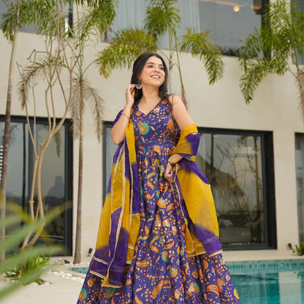 Sonakshi Women's Purple Silk Digital Print Full Round Flair Anarkali Gown Set With Dupatta